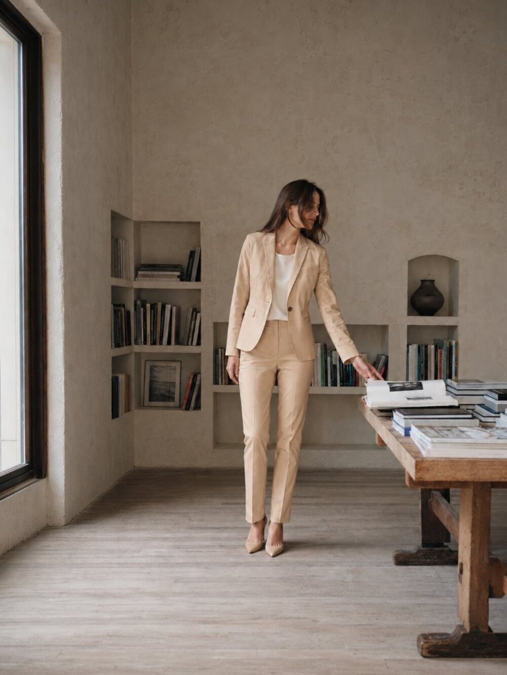 J.Crew Pant Suit Two Piece Set Tan Tailored Slim Fit Blazer Sz 00 Pant Size 0
